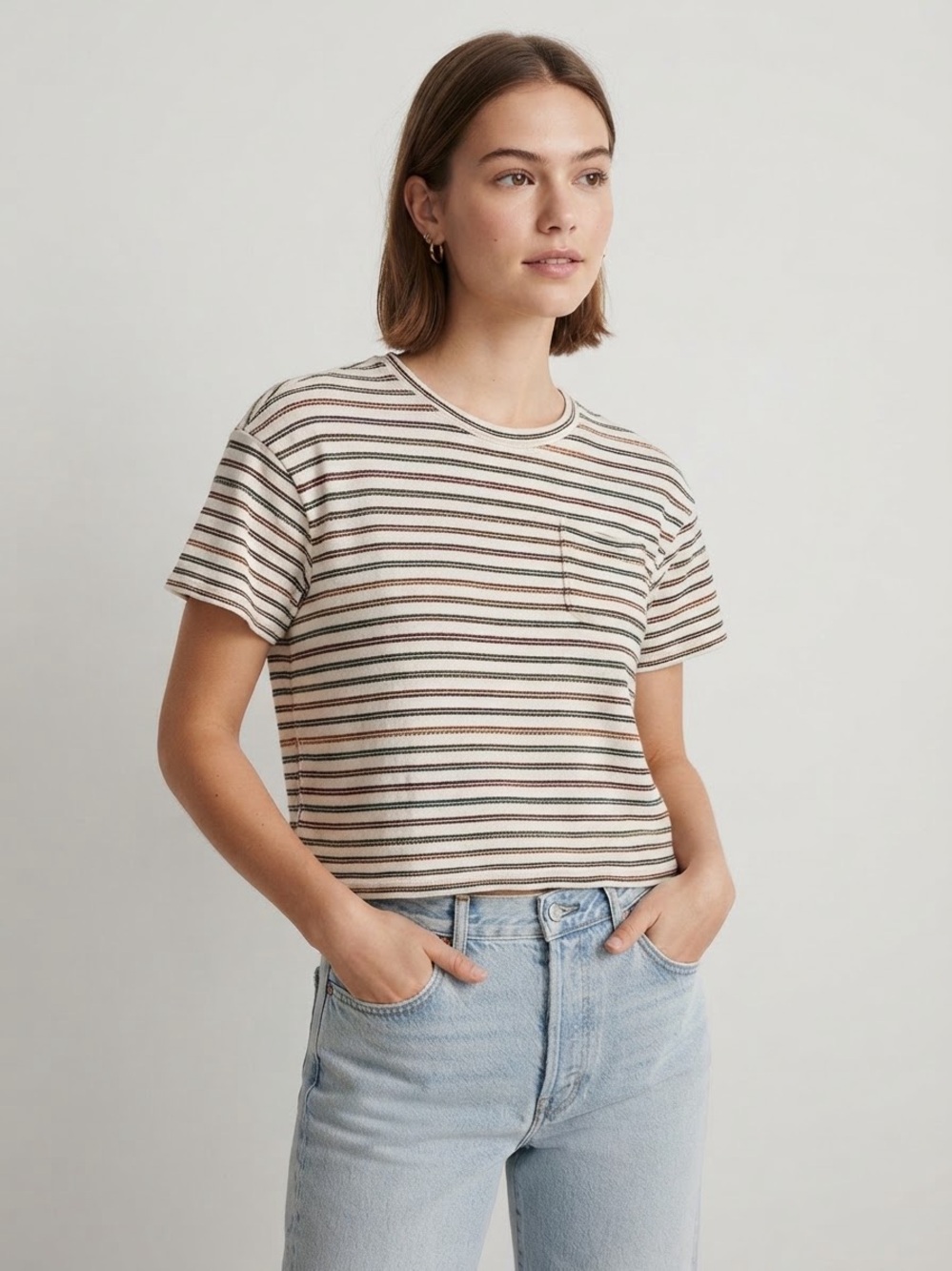 Madewell Striped Crew Tee in Cream, Black and Tan